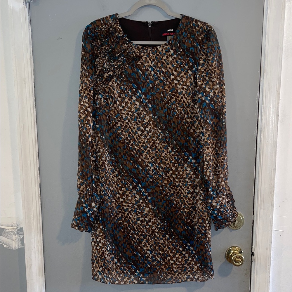 M60 Miss Sixty Dress Womens 6 Brown Printed Round Neck‎ Long Sleeve Lace Trim